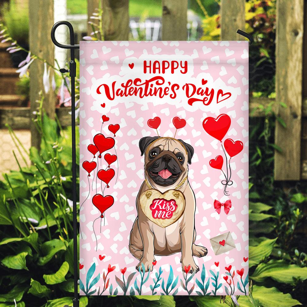 Happy Valentine's Day Pug Flag Dogs Funny Pug Heart Balloon Flag | Teecentury.com