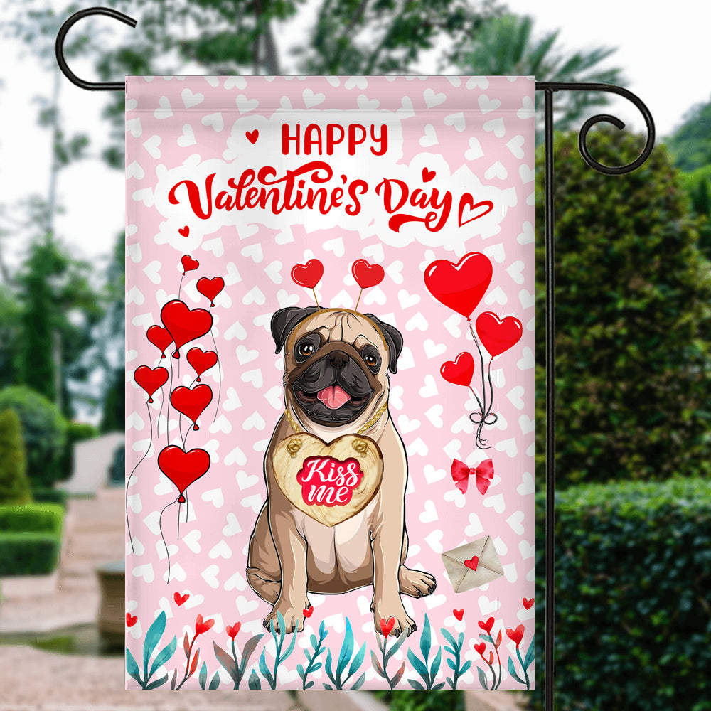 Happy Valentine's Day Pug Flag Dogs Funny Pug Heart Balloon Flag | Teecentury.com