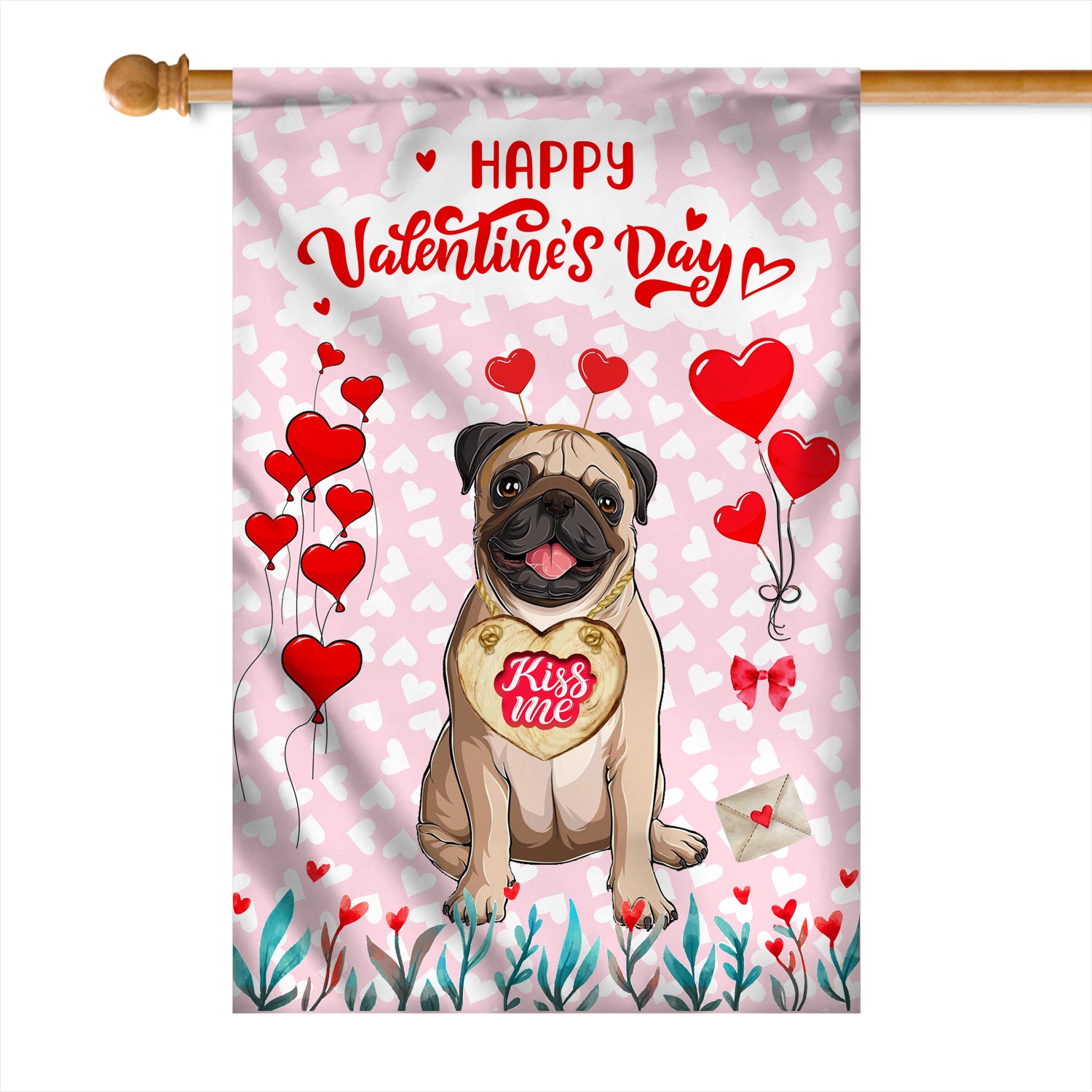 Happy Valentine's Day Pug Flag Dogs Funny Pug Heart Balloon Flag | Teecentury.com