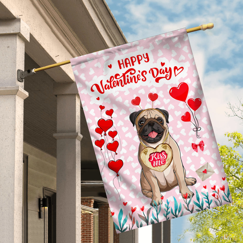Happy Valentine's Day Pug Flag Dogs Funny Pug Heart Balloon Flag | Teecentury.com