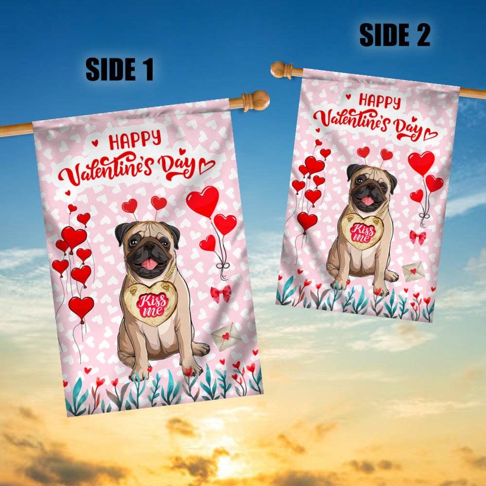 Happy Valentine's Day Pug Flag Dogs Funny Pug Heart Balloon Flag | Teecentury.com