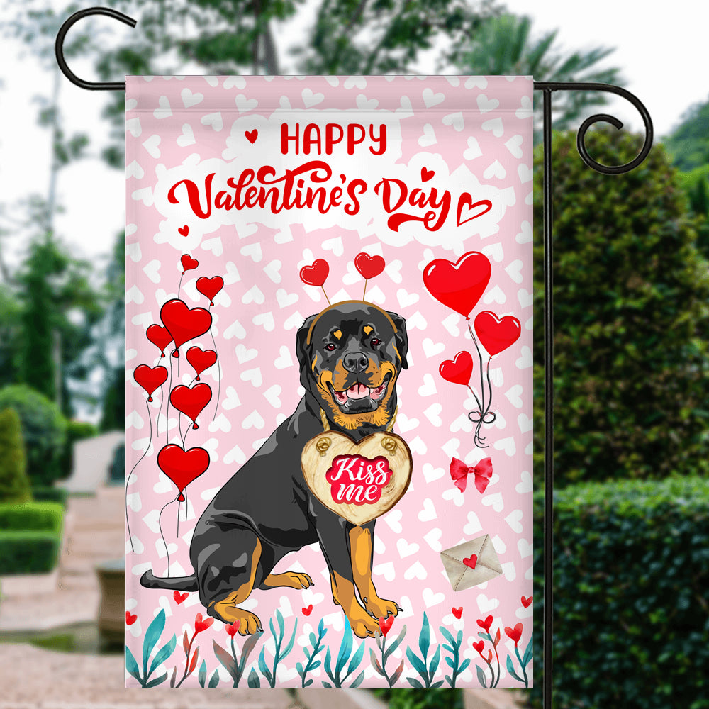 Happy Valentine's Day Rottweiler Flag Dogs Funny Rottweiler Heart Balloon Flag | Teecentury.com