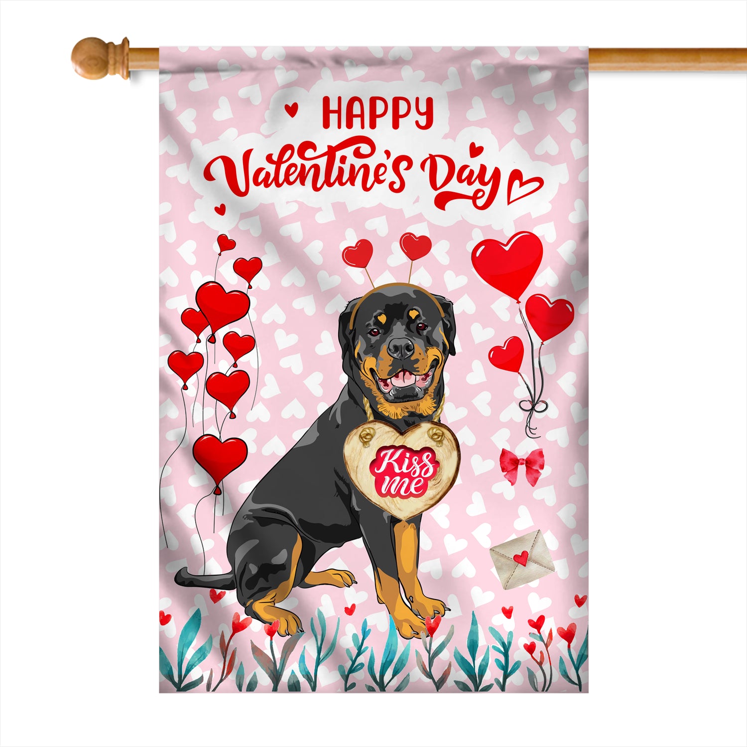 Happy Valentine's Day Rottweiler Flag Dogs Funny Rottweiler Heart Balloon Flag | Teecentury.com