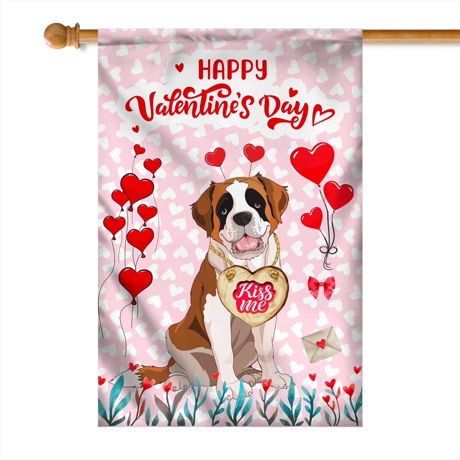 Happy Valentine's Day Saint Bernard Flag Dogs Funny Saint Bernard Heart Balloon Flag | Teecentury.com