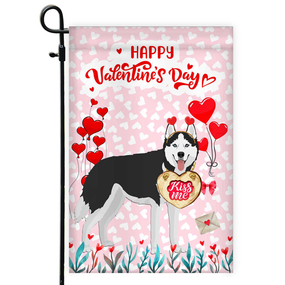 Happy Valentine's Day Siberian Husky Flag Dogs Funny Siberian Husky Heart Balloon Flag | Teecentury.com