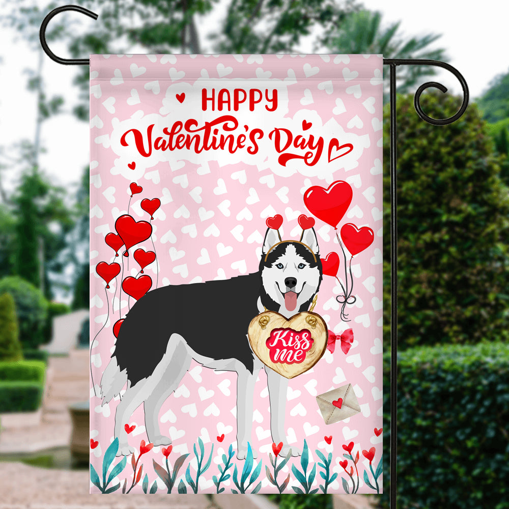 Happy Valentine's Day Siberian Husky Flag Dogs Funny Siberian Husky Heart Balloon Flag | Teecentury.com