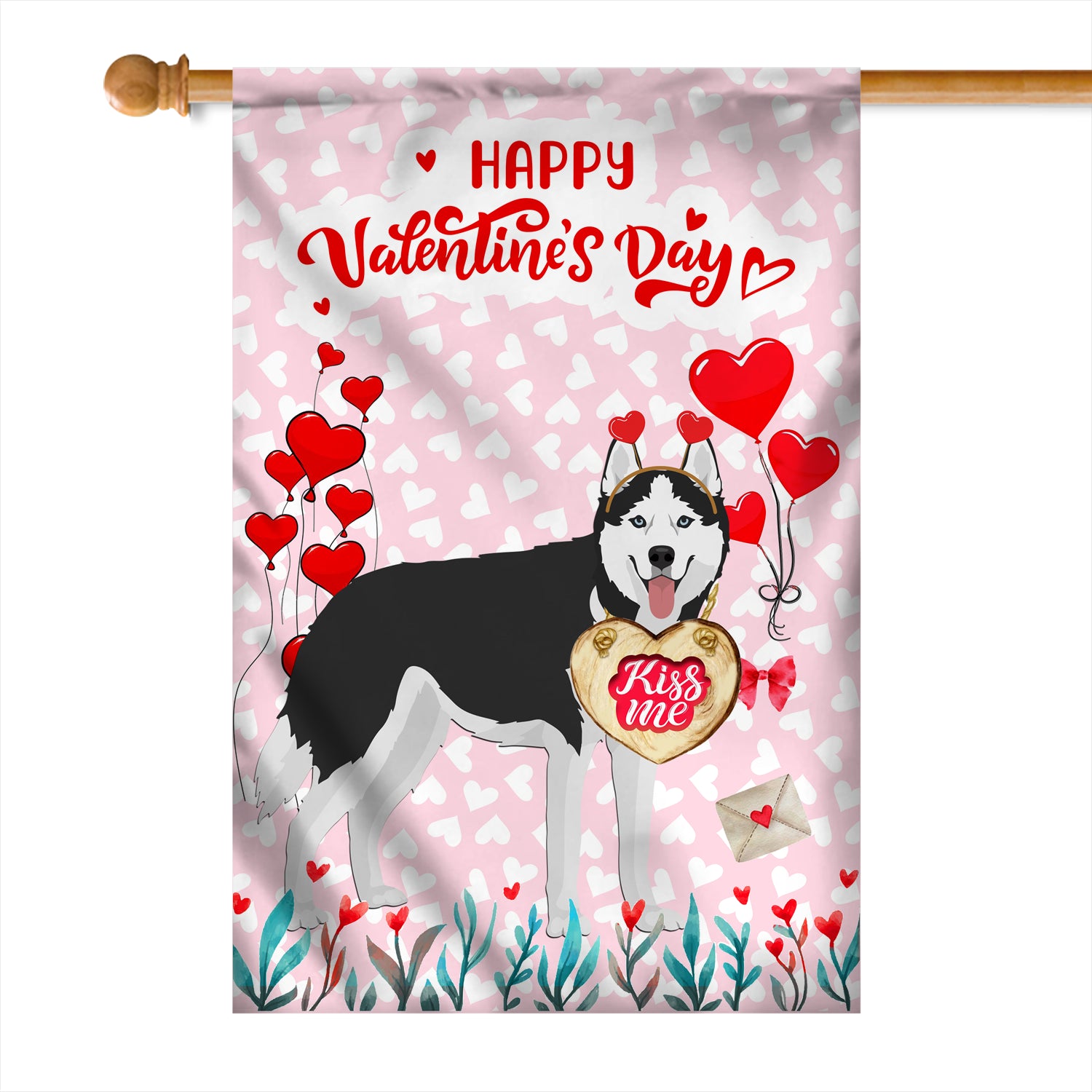 Happy Valentine's Day Siberian Husky Flag Dogs Funny Siberian Husky Heart Balloon Flag | Teecentury.com