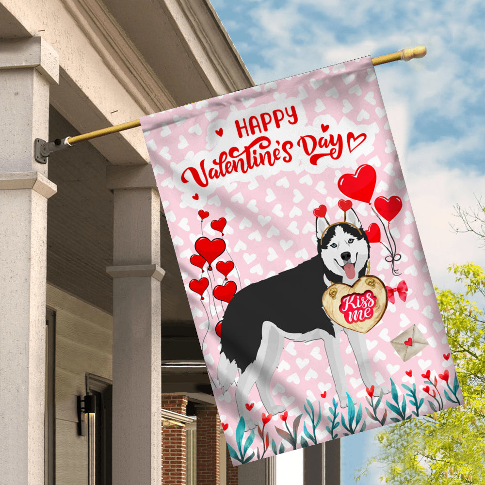 Happy Valentine's Day Siberian Husky Flag Dogs Funny Siberian Husky Heart Balloon Flag | Teecentury.com