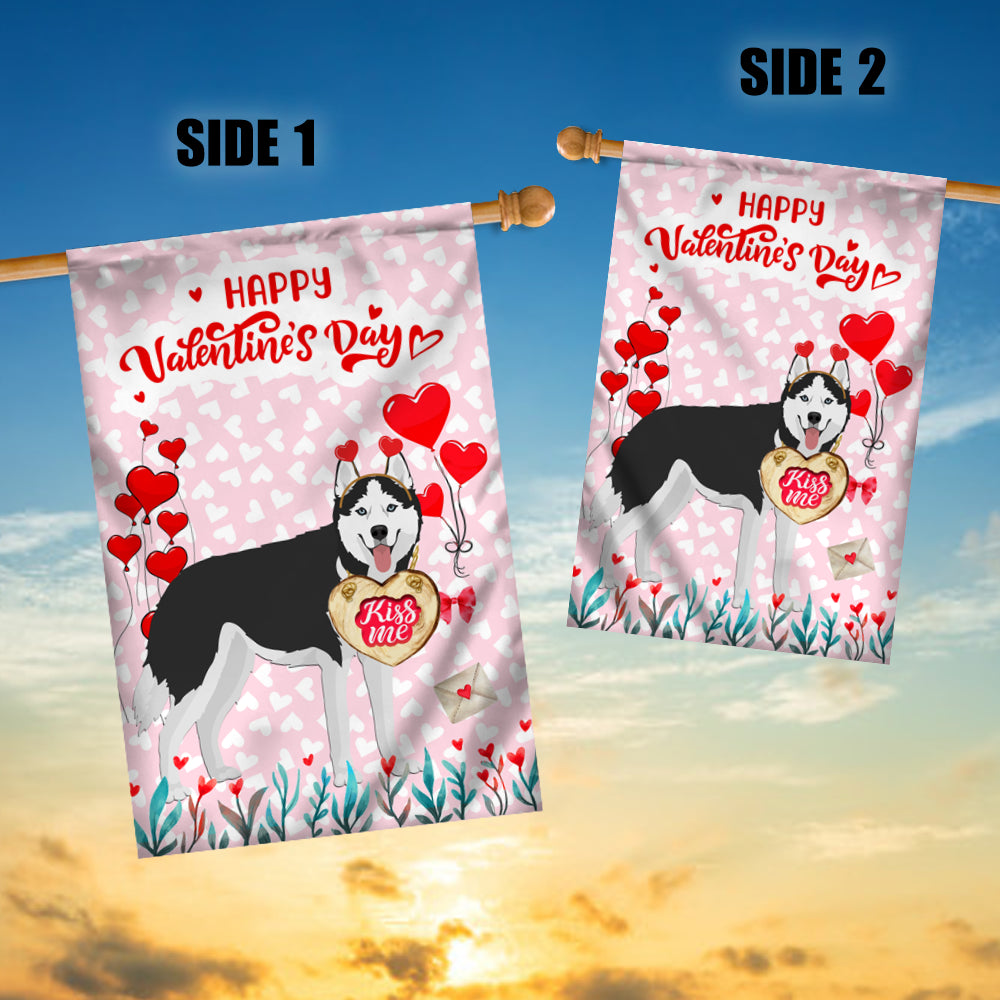 Happy Valentine's Day Siberian Husky Flag Dogs Funny Siberian Husky Heart Balloon Flag | Teecentury.com