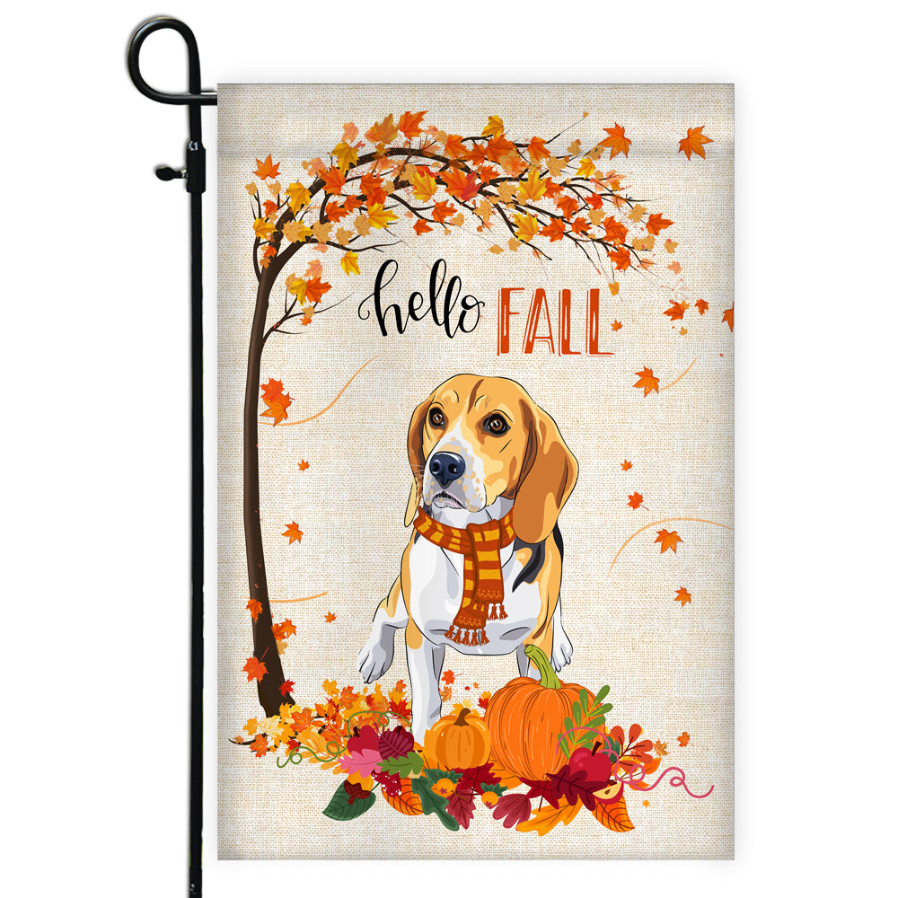 Hello Fall Beagle Dog Flag Maple Leaves Orange Pumpkin Autumn Flag | Teecentury.com