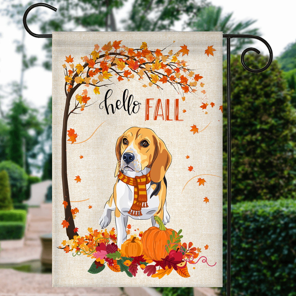 Hello Fall Beagle Dog Flag Maple Leaves Orange Pumpkin Autumn Flag | Teecentury.com