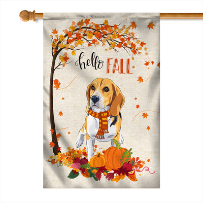 Hello Fall Beagle Dog Flag Maple Leaves Orange Pumpkin Autumn Flag | Teecentury.com