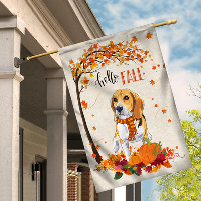 Hello Fall Beagle Dog Flag Maple Leaves Orange Pumpkin Autumn Flag | Teecentury.com