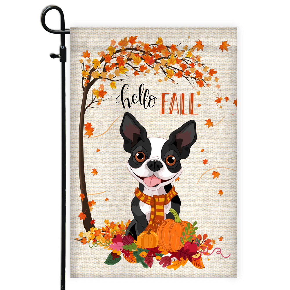 Hello Fall Boston Terrier Dog Flag Maple Leaves Orange Pumpkin Autumn Flag | Teecentury.com
