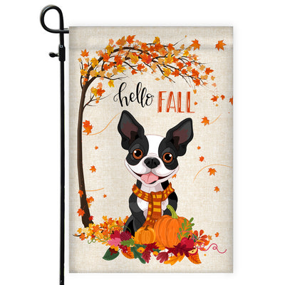 Hello Fall Boston Terrier Dog Flag Maple Leaves Orange Pumpkin Autumn Flag | Teecentury.com
