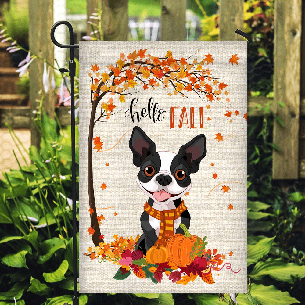 Hello Fall Boston Terrier Dog Flag Maple Leaves Orange Pumpkin Autumn Flag | Teecentury.com