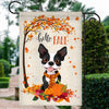 Hello Fall Boston Terrier Dog Flag Maple Leaves Orange Pumpkin Autumn Flag | Teecentury.com