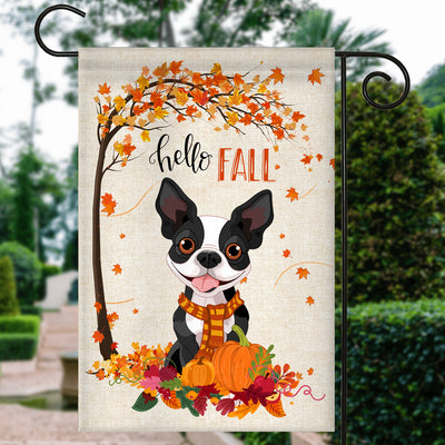Hello Fall Boston Terrier Dog Flag Maple Leaves Orange Pumpkin Autumn Flag | Teecentury.com