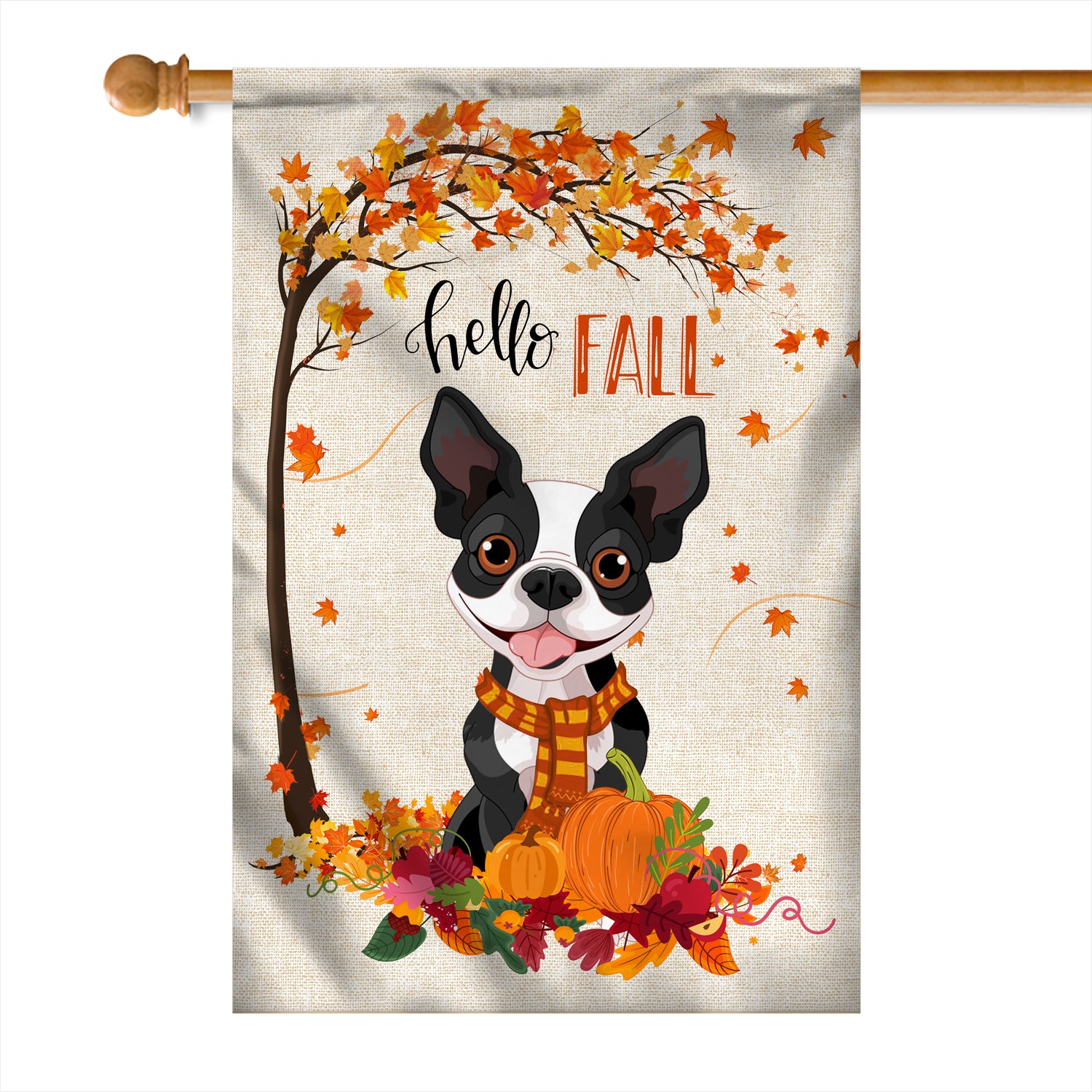 Hello Fall Boston Terrier Dog Flag Maple Leaves Orange Pumpkin Autumn Flag | Teecentury.com