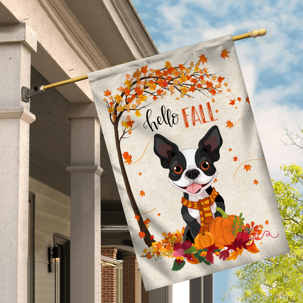 Hello Fall Boston Terrier Dog Flag Maple Leaves Orange Pumpkin Autumn Flag | Teecentury.com