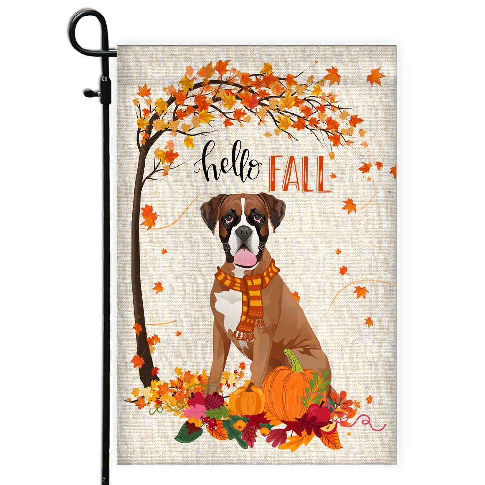 Hello Fall Boxer Dog Flag Maple Leaves Orange Pumpkin Autumn Flag | Teecentury.com