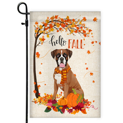 Hello Fall Boxer Dog Flag Maple Leaves Orange Pumpkin Autumn Flag | Teecentury.com