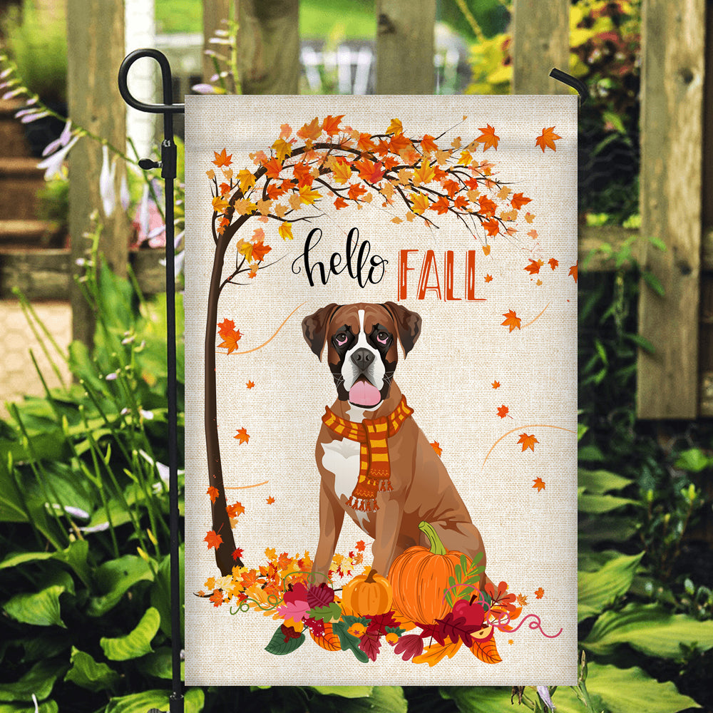 Hello Fall Boxer Dog Flag Maple Leaves Orange Pumpkin Autumn Flag | Teecentury.com