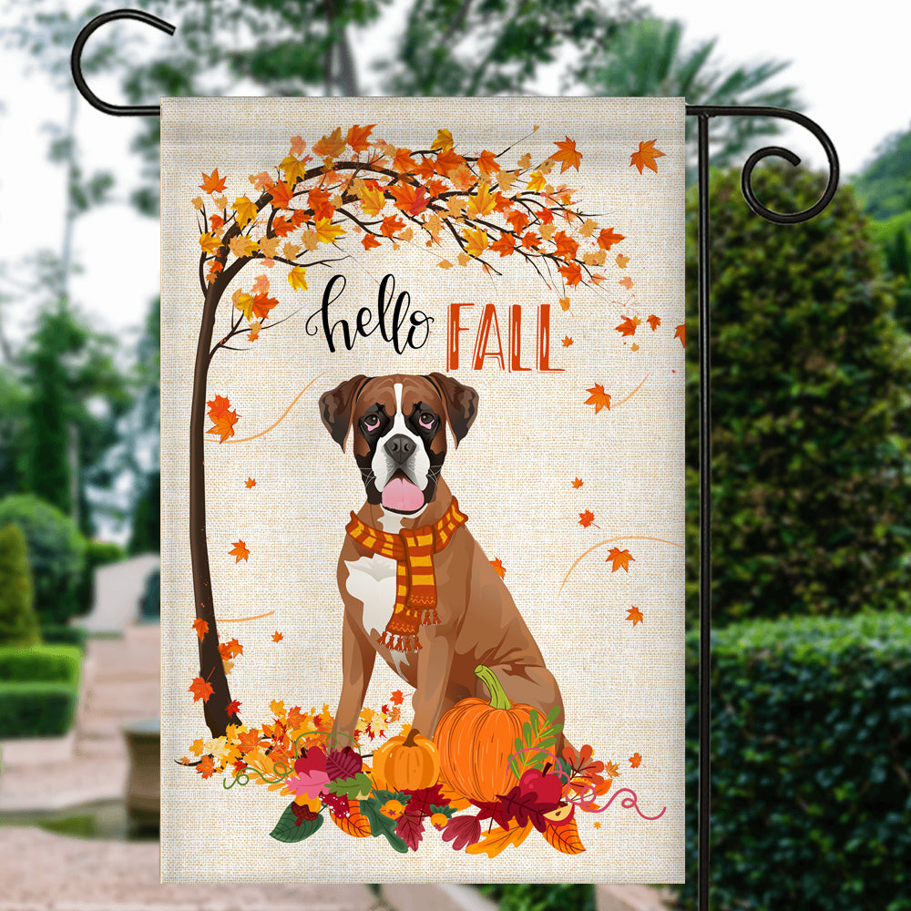Hello Fall Boxer Dog Flag Maple Leaves Orange Pumpkin Autumn Flag | Teecentury.com
