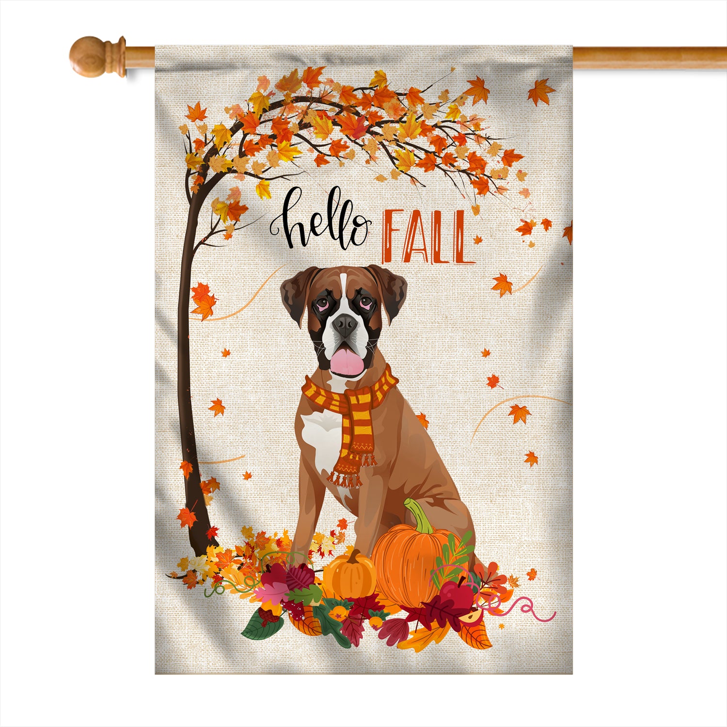Hello Fall Boxer Dog Flag Maple Leaves Orange Pumpkin Autumn Flag | Teecentury.com