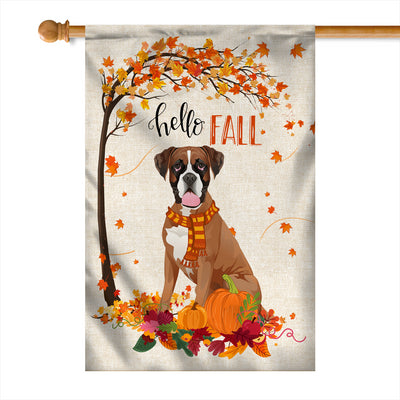 Hello Fall Boxer Dog Flag Maple Leaves Orange Pumpkin Autumn Flag | Teecentury.com