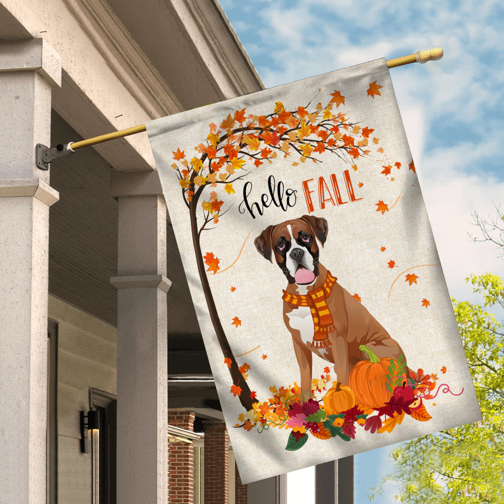 Hello Fall Boxer Dog Flag Maple Leaves Orange Pumpkin Autumn Flag | Teecentury.com