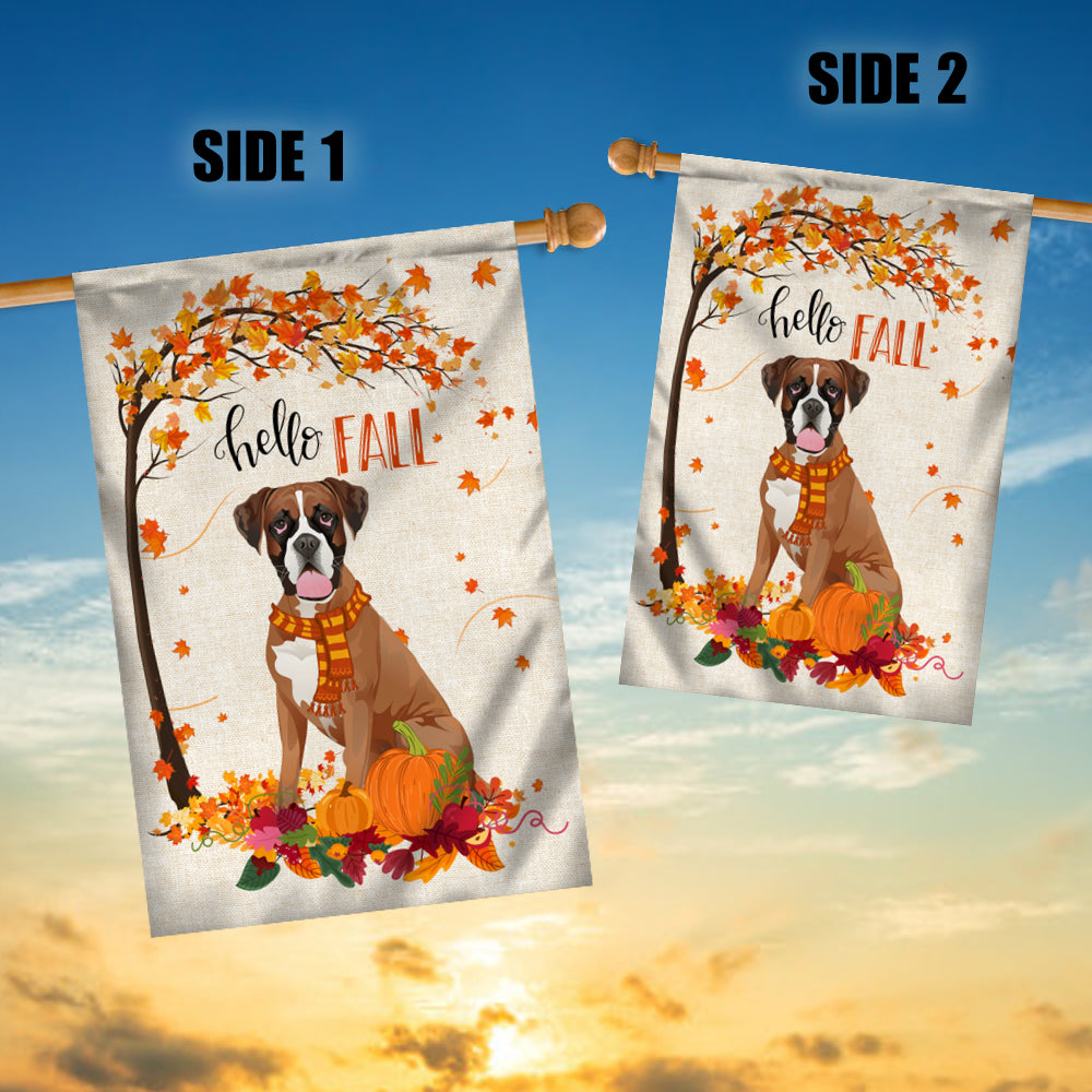 Hello Fall Boxer Dog Flag Maple Leaves Orange Pumpkin Autumn Flag | Teecentury.com