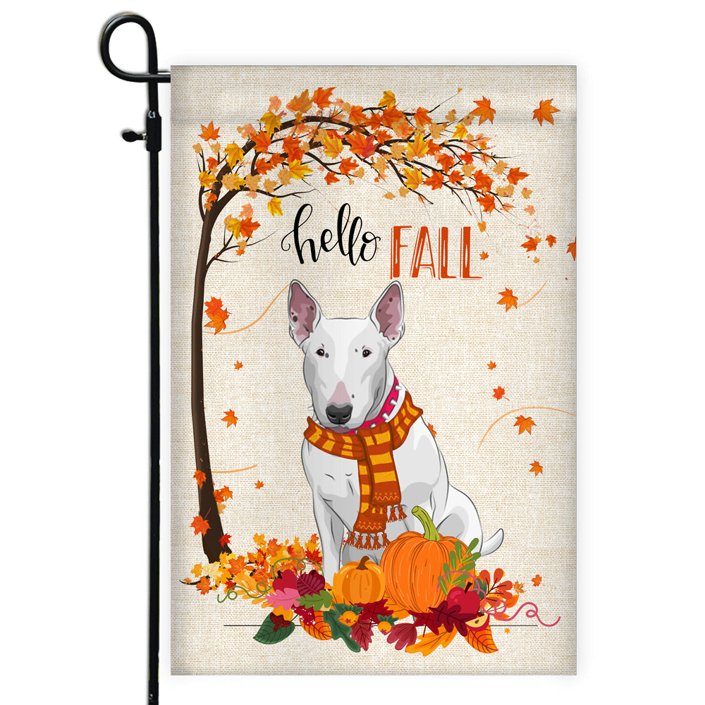Hello Fall Bull Terrier Dog Flag Maple Leaves Orange Pumpkin Autumn Flag | Teecentury.com