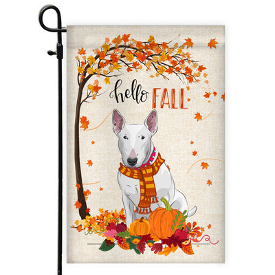 Hello Fall Bull Terrier Dog Flag Maple Leaves Orange Pumpkin Autumn Flag | Teecentury.com