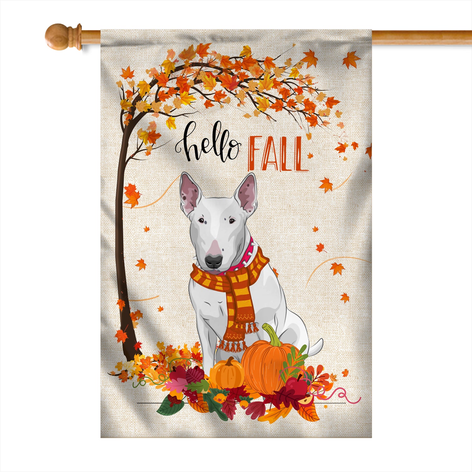 Hello Fall Bull Terrier Dog Flag Maple Leaves Orange Pumpkin Autumn Flag | Teecentury.com