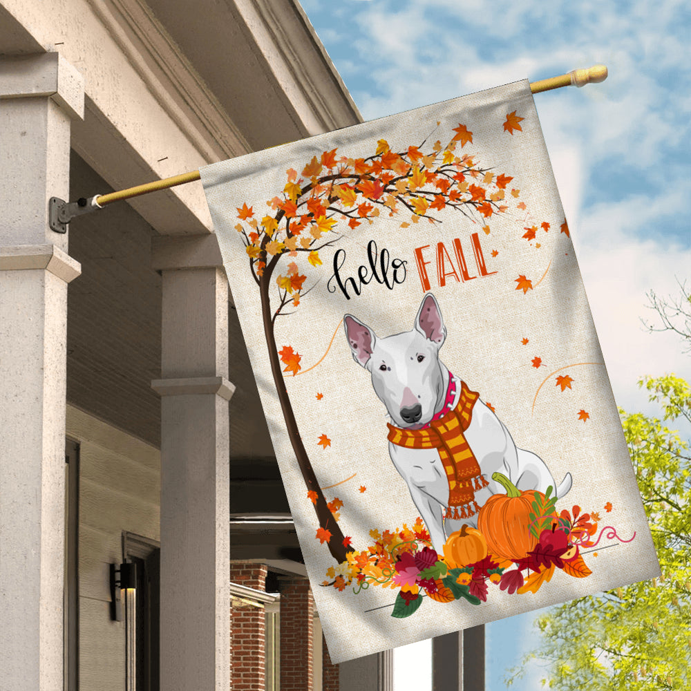 Hello Fall Bull Terrier Dog Flag Maple Leaves Orange Pumpkin Autumn Flag | Teecentury.com