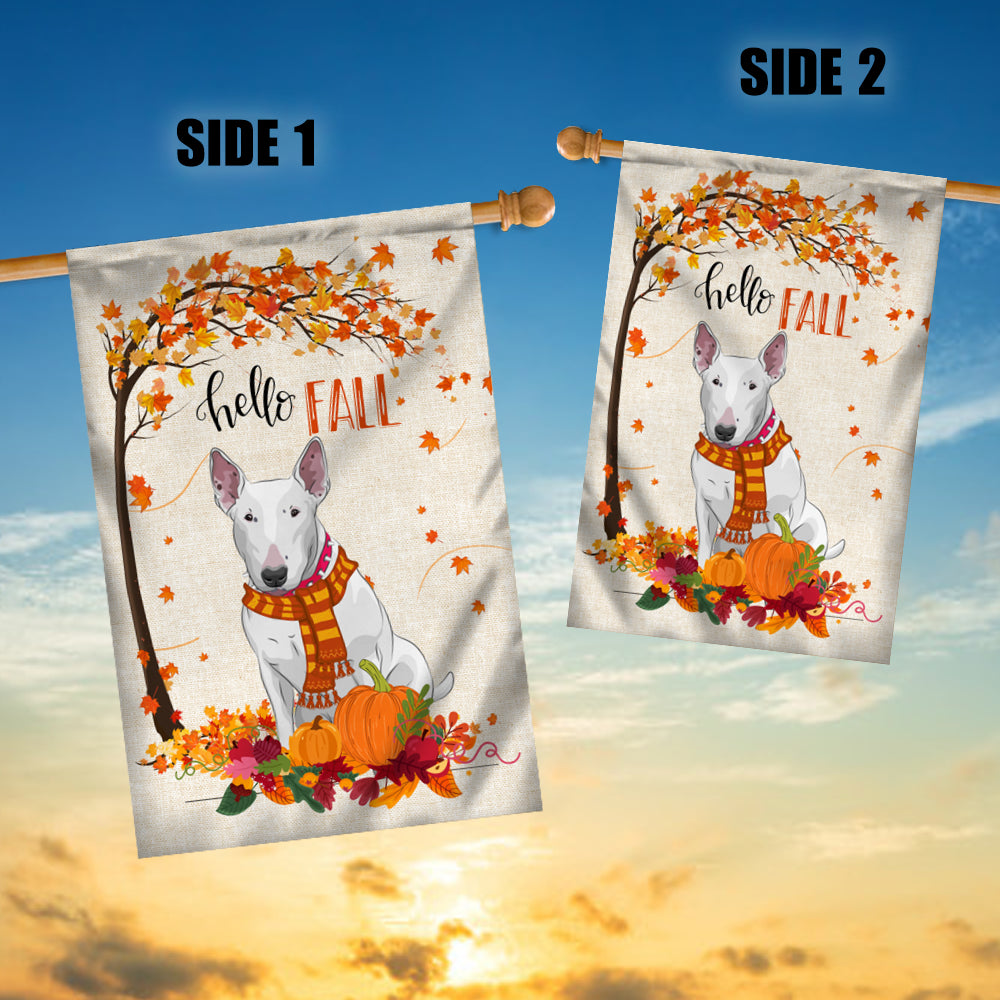 Hello Fall Bull Terrier Dog Flag Maple Leaves Orange Pumpkin Autumn Flag | Teecentury.com
