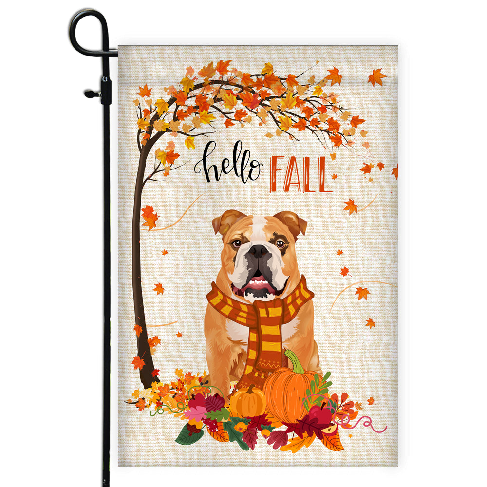 Hello Fall Bulldog Dog Flag Maple Leaves Orange Pumpkin Autumn Flag | Teecentury.com