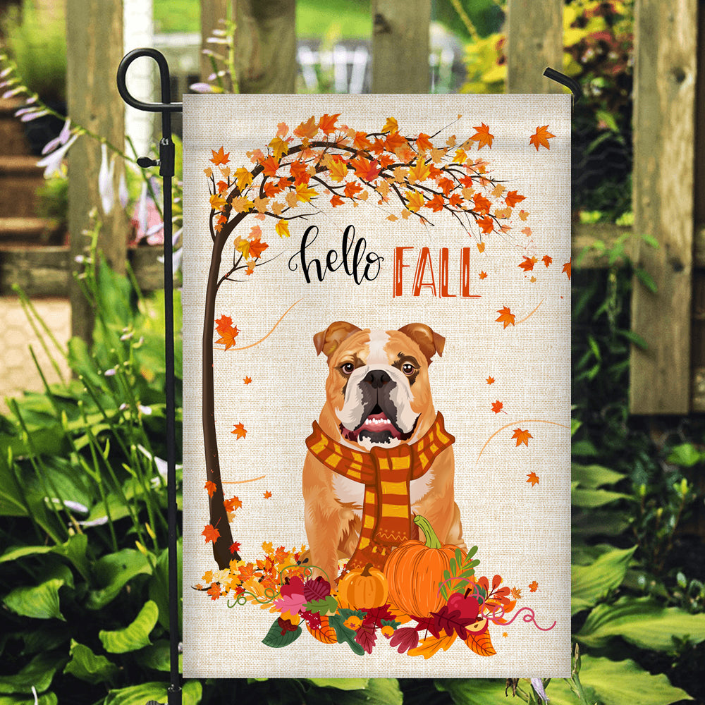 Hello Fall Bulldog Dog Flag Maple Leaves Orange Pumpkin Autumn Flag | Teecentury.com