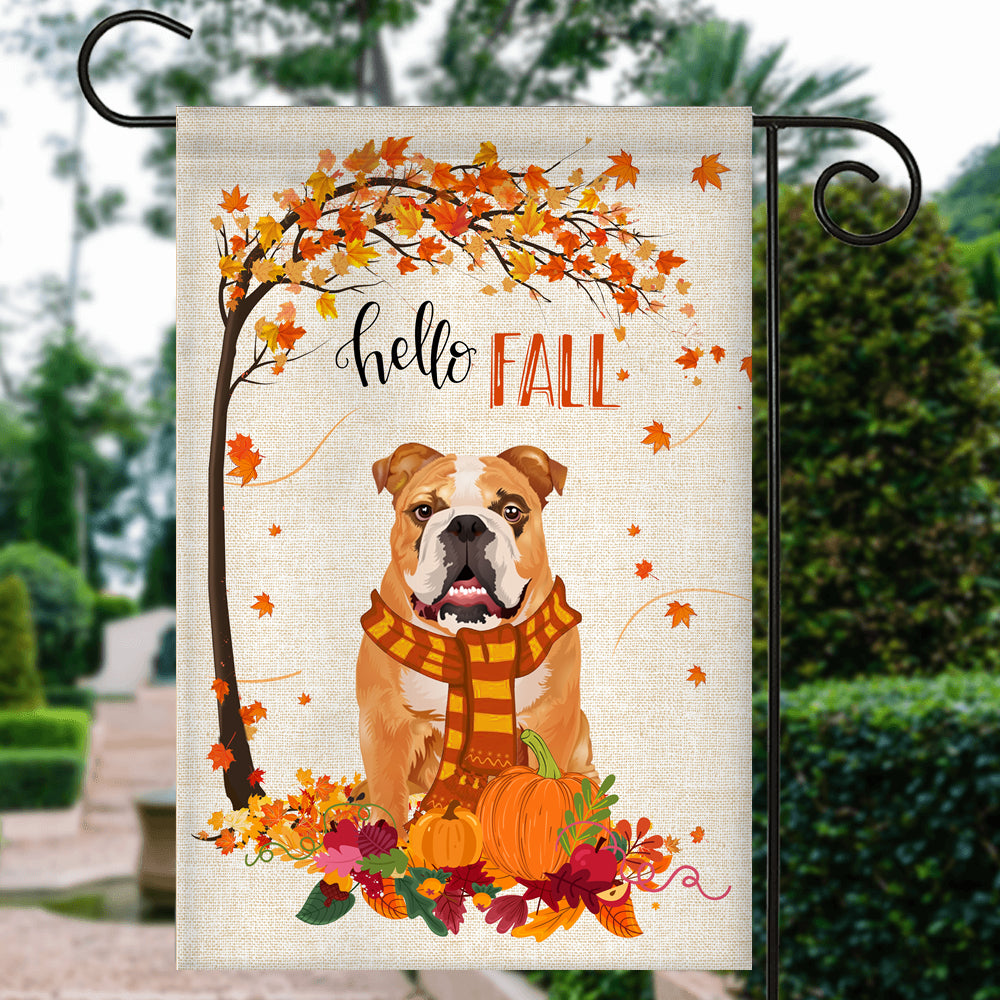 Hello Fall Bulldog Dog Flag Maple Leaves Orange Pumpkin Autumn Flag | Teecentury.com