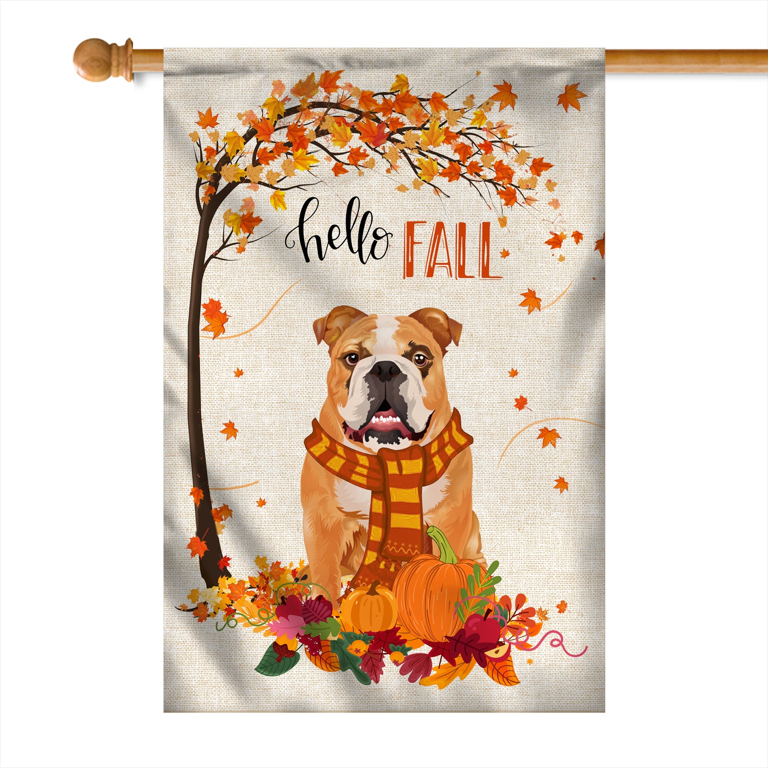 Hello Fall Bulldog Dog Flag Maple Leaves Orange Pumpkin Autumn Flag | Teecentury.com