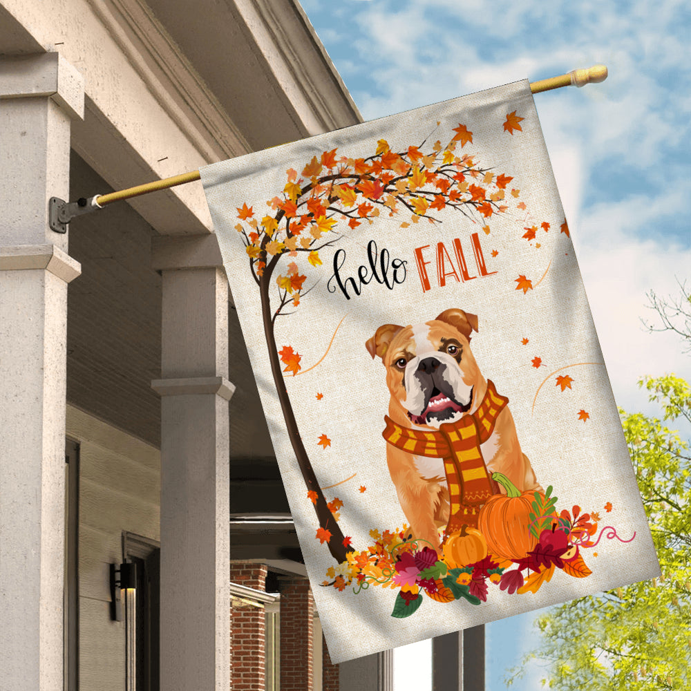 Hello Fall Bulldog Dog Flag Maple Leaves Orange Pumpkin Autumn Flag | Teecentury.com