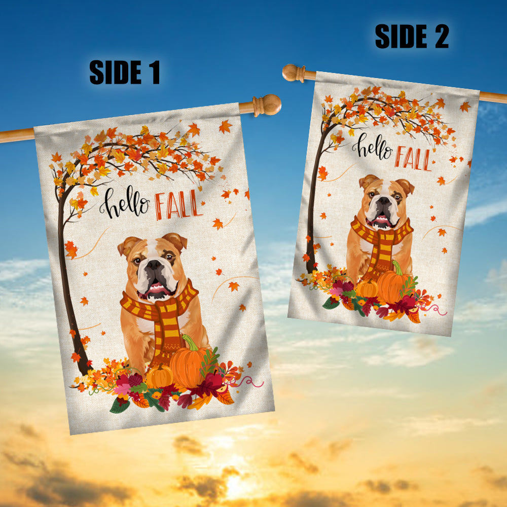 Hello Fall Bulldog Dog Flag Maple Leaves Orange Pumpkin Autumn Flag | Teecentury.com