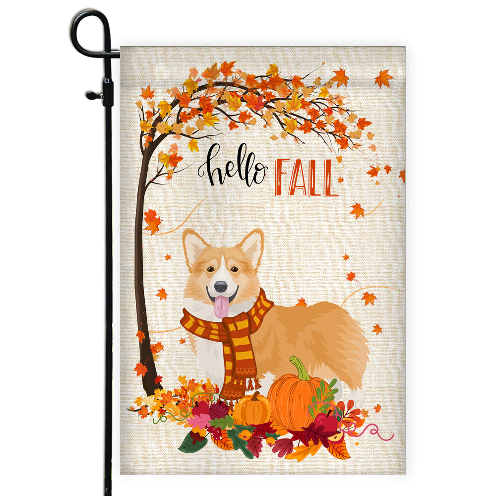 Hello Fall Corgi Dog Flag Maple Leaves Orange Pumpkin Autumn Flag | Teecentury.com
