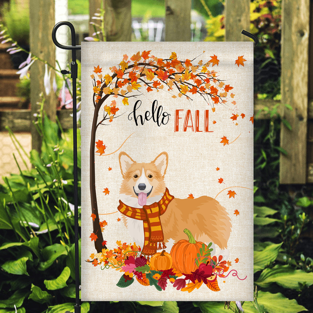 Hello Fall Corgi Dog Flag Maple Leaves Orange Pumpkin Autumn Flag | Teecentury.com