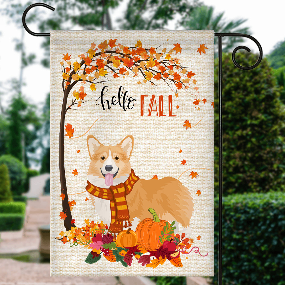 Hello Fall Corgi Dog Flag Maple Leaves Orange Pumpkin Autumn Flag | Teecentury.com