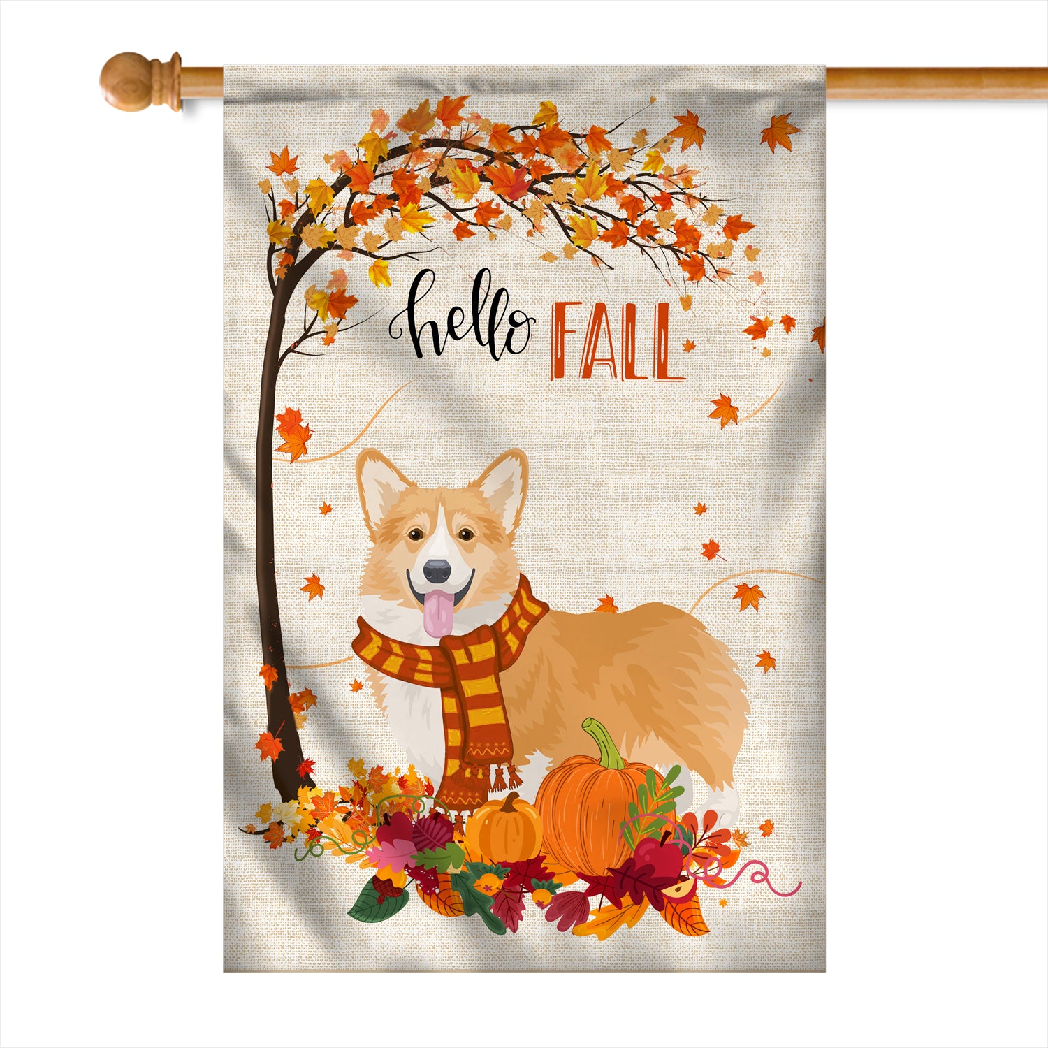 Hello Fall Corgi Dog Flag Maple Leaves Orange Pumpkin Autumn Flag | Teecentury.com