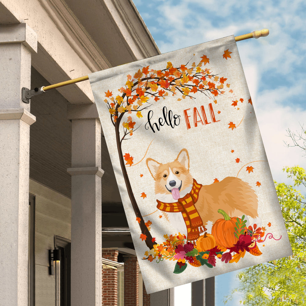 Hello Fall Corgi Dog Flag Maple Leaves Orange Pumpkin Autumn Flag | Teecentury.com