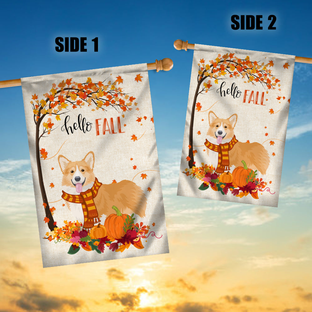 Hello Fall Corgi Dog Flag Maple Leaves Orange Pumpkin Autumn Flag | Teecentury.com