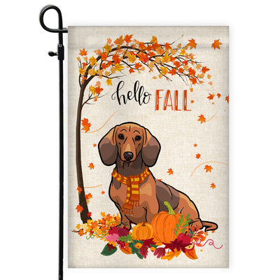 Hello Fall Dachshund Dog Flag Maple Leaves Orange Pumpkin Autumn Flag | Teecentury.com